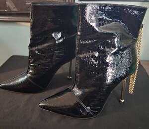 Chase & Chloe Black Croc Patent Ankle Boots Gold Stiletto Heel Size 10 New